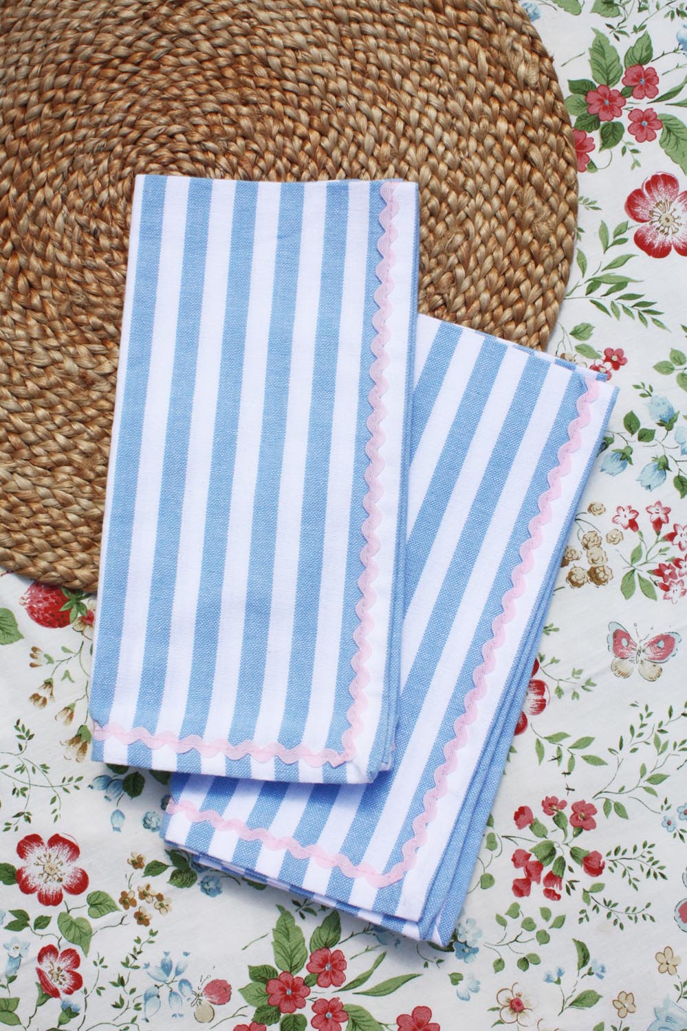 Blue stripe & pink ric-rac napkin set of 2