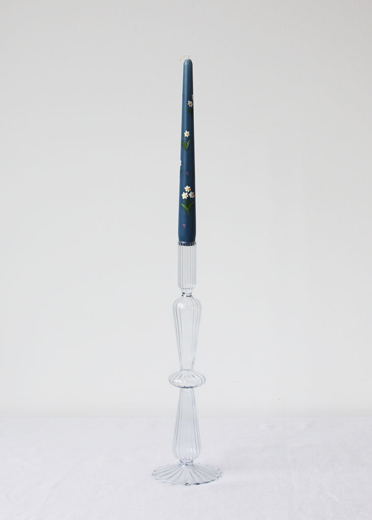 Blue ribbed glass candle stick
