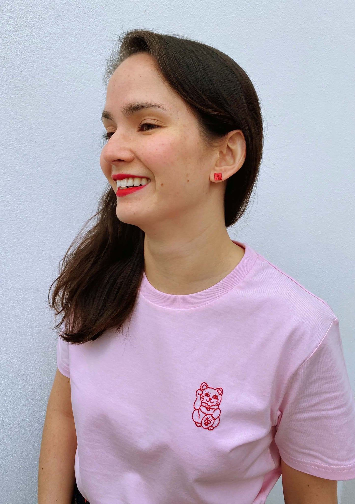 Lucky cat pink organic cotton T-shirt