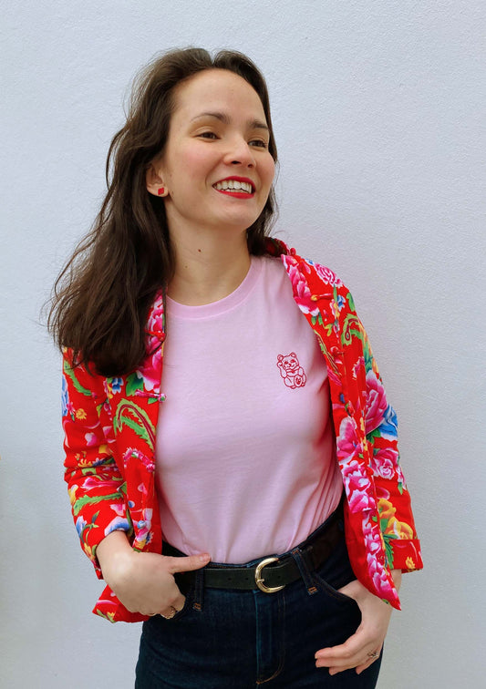 T-shirt chat porte-bonheur en coton bio rose