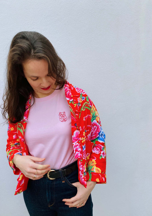 T-shirt chat porte-bonheur en coton bio rose